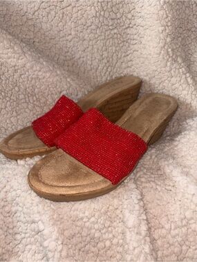 ALDA Made in Italy Red Metallic Wedge Slide Sandals Cork Platform Size 7 US